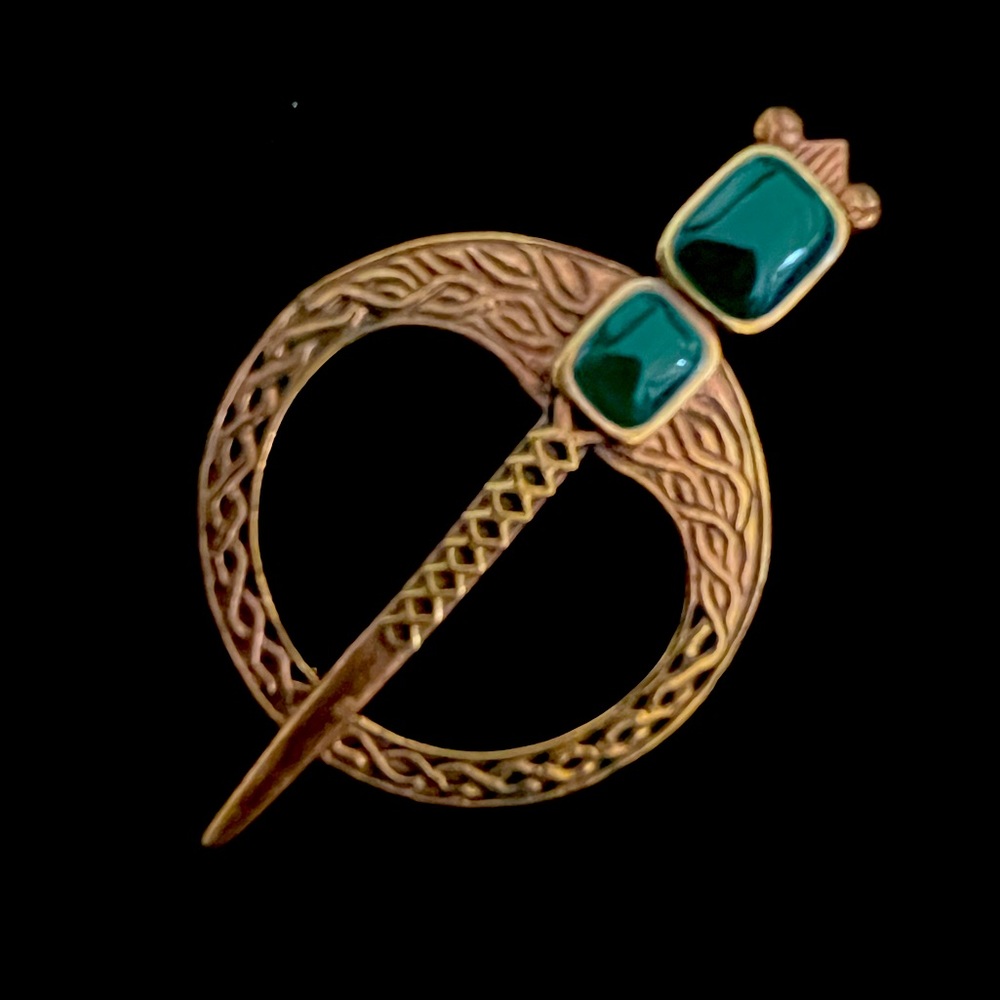 Vintage Celtic Tara Style Brooch Copper Tone w/ Green Stones